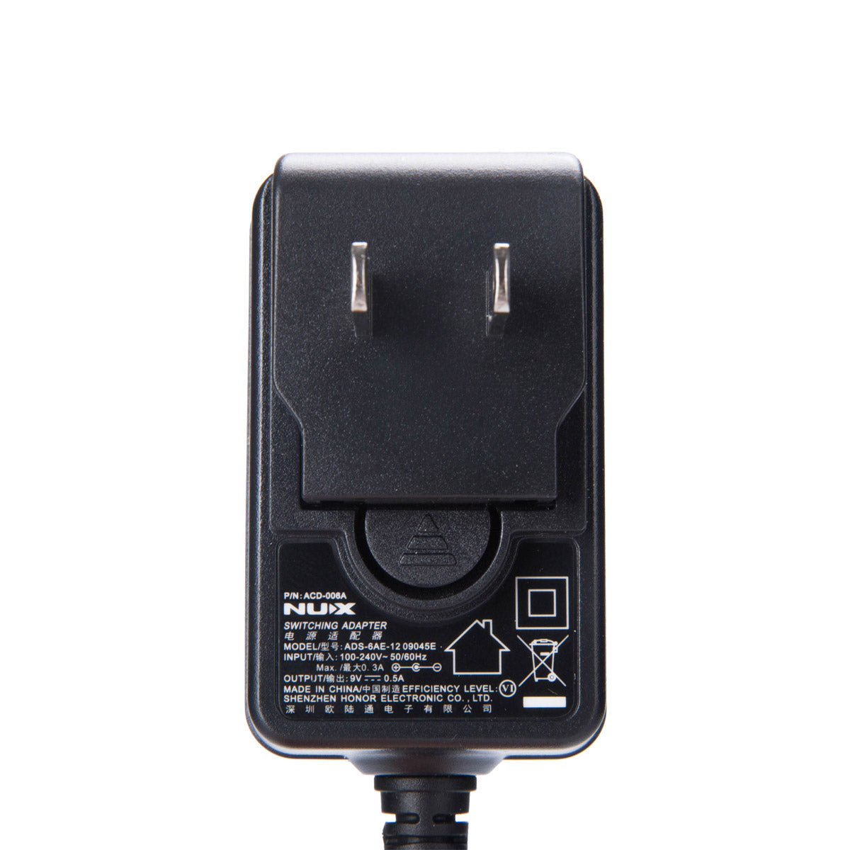 Nhãn thông số adapter NUX ACD-006A đầu vào 100-240V đầu ra 9V 0.5A